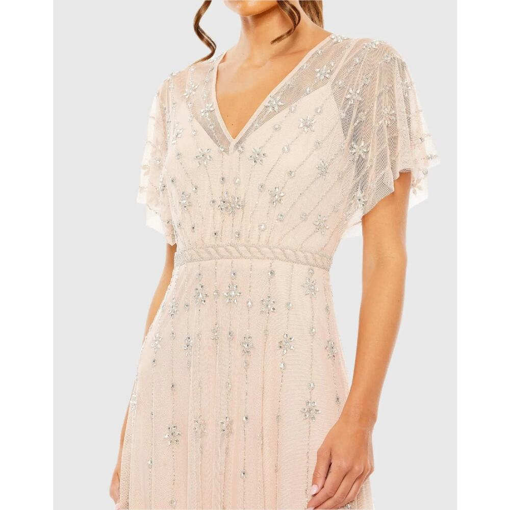 Mac Duggal Blush V Neck Embellished Flutter Sleeve A Line Formal Gown Size 10 - Picture 3 of 14
